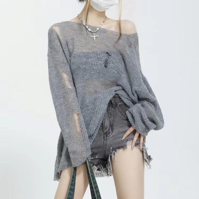Autumn Long Sleeved Loose Cut Out Pullover Women Sunscreen Sweater Fashion Loose Simple Knitted Tops Thin Hole Elegant Office Shirts Clothing