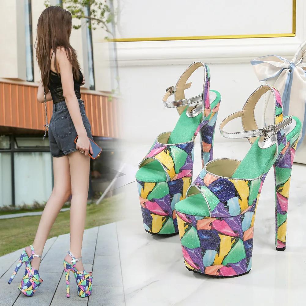 Модные Унисекс 20см Металлические Тонкие Высокие Каблуки Платформа Сандалии Ремешок на Щиколотке Туфли Женские Лодочки ЛЕТО Открытый Носок Шпильки zapatos mujer