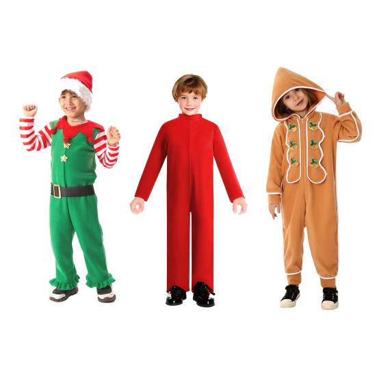 Christmas Onesie Costume for Kids Gingerbread Man/Santa/Green Elf Cosplay Outfit Unisex Plush Bodysuit for Halloween Christmas Carnival Festival