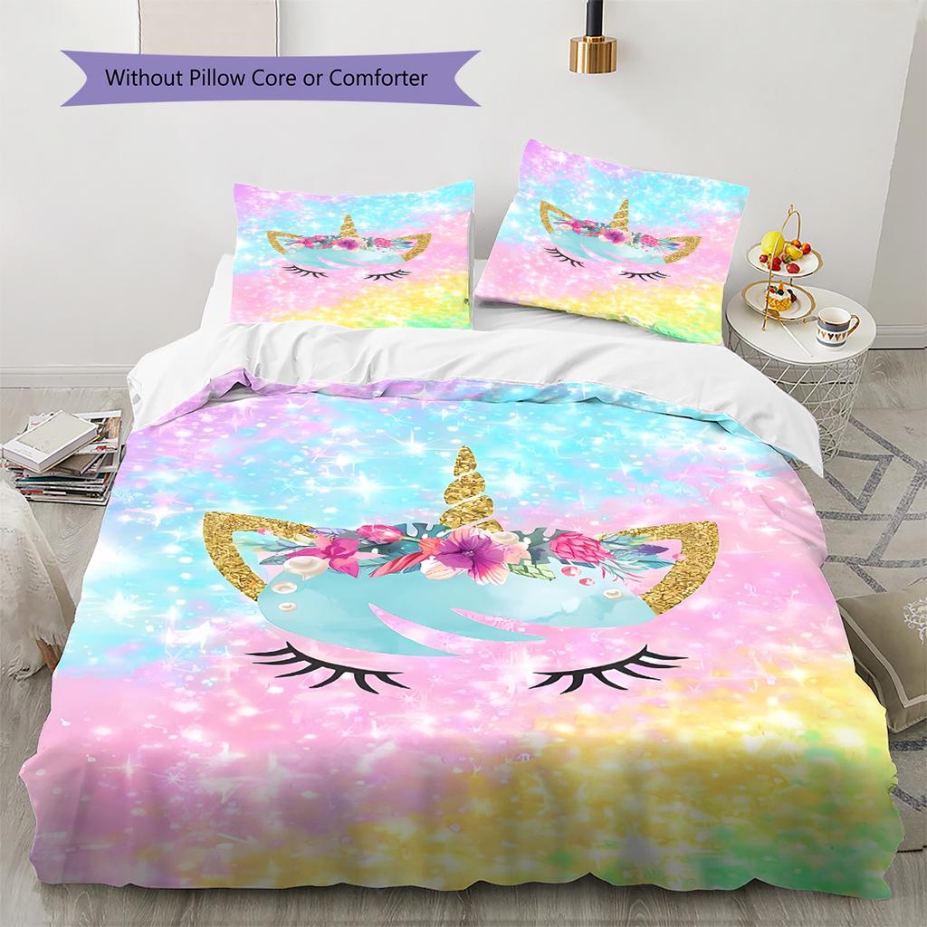 Colorful Uni-horse Pattern Bedding Quilt Set Quilt Cover Pillowcase Home Decoration Gift (1 * duvet cover + 2 * pillowcase, without core)