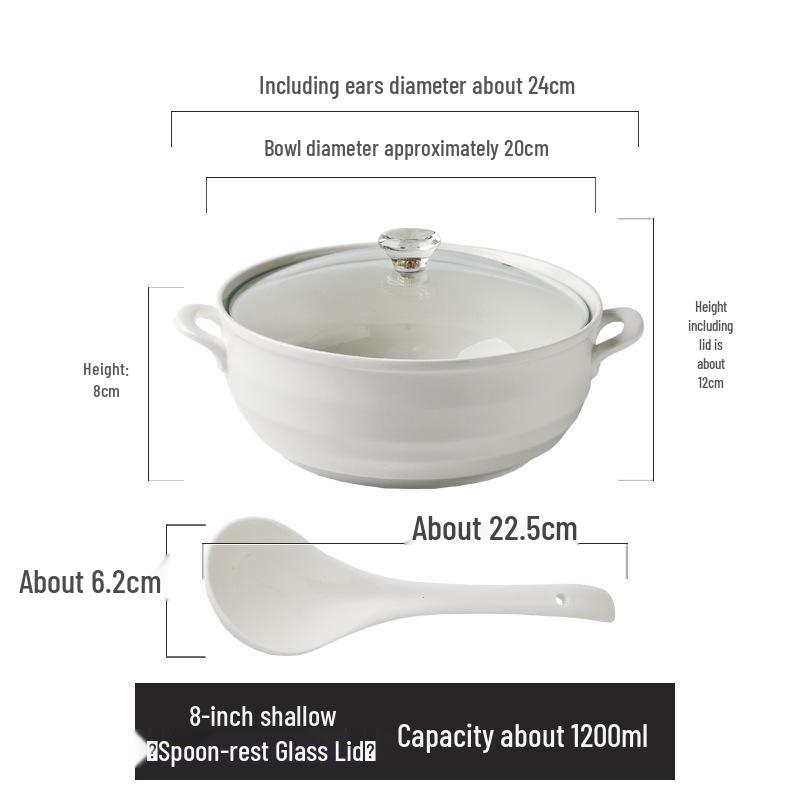 Керамический набор суповых тарелок с двумя ручками и крышкой - Безопасно для микроволновой печи, Включает большую ложку и супницу, Чисто-белый, Креативный дизайн (8 мисок)