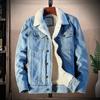 Men Jean Jacket Plush Lining Single Breasted Turndown Collar Solid Color Long Sleeve Coldproof Winter Thicken Lapel Denim Coat for Trip