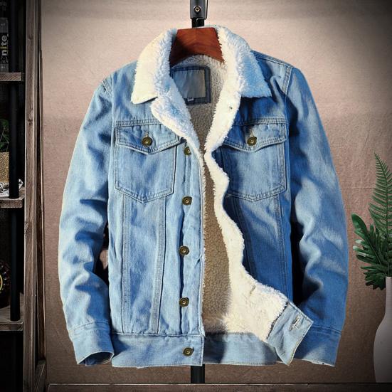 Men Jean Jacket Plush Lining Single Breasted Turndown Collar Solid Color Long Sleeve Coldproof Winter Thicken Lapel Denim Coat for Trip