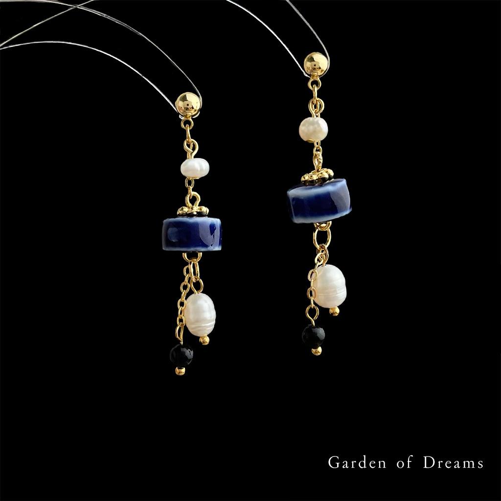 Серьги-кисточки ручной работы из синей керамики и пресноводного жемчуга - Винтажные этнические украшения для женщин