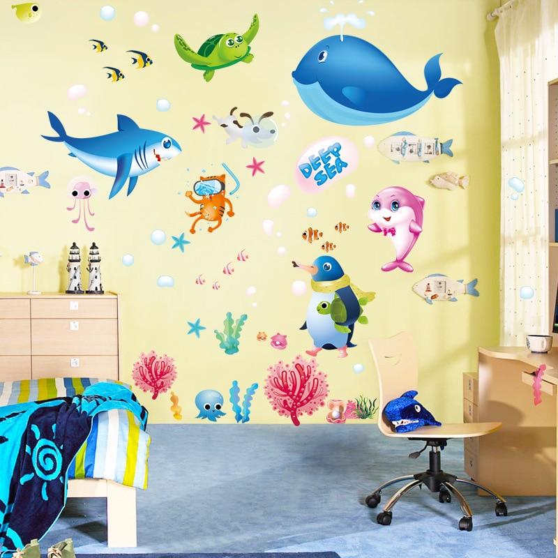 Cartoon Underwater World Wall Stickers Kids Bedroom Bathroom Fish Decals Removable Art Murals PVC Wallpaper Decor