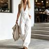 Summer Women Jumpsuit V Neck Sleeveless Front Button Casual Loose Wide Leg Pants Ladies Long Romper Overall with Dual