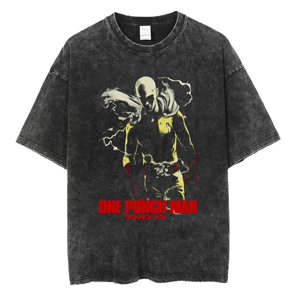 ONE PunchMan Manga Tshirt Saitama Graphic Print T Shirt Vintage Washed Oversized Cotton Tshirt Short Sleeve Tee Mens Clothing