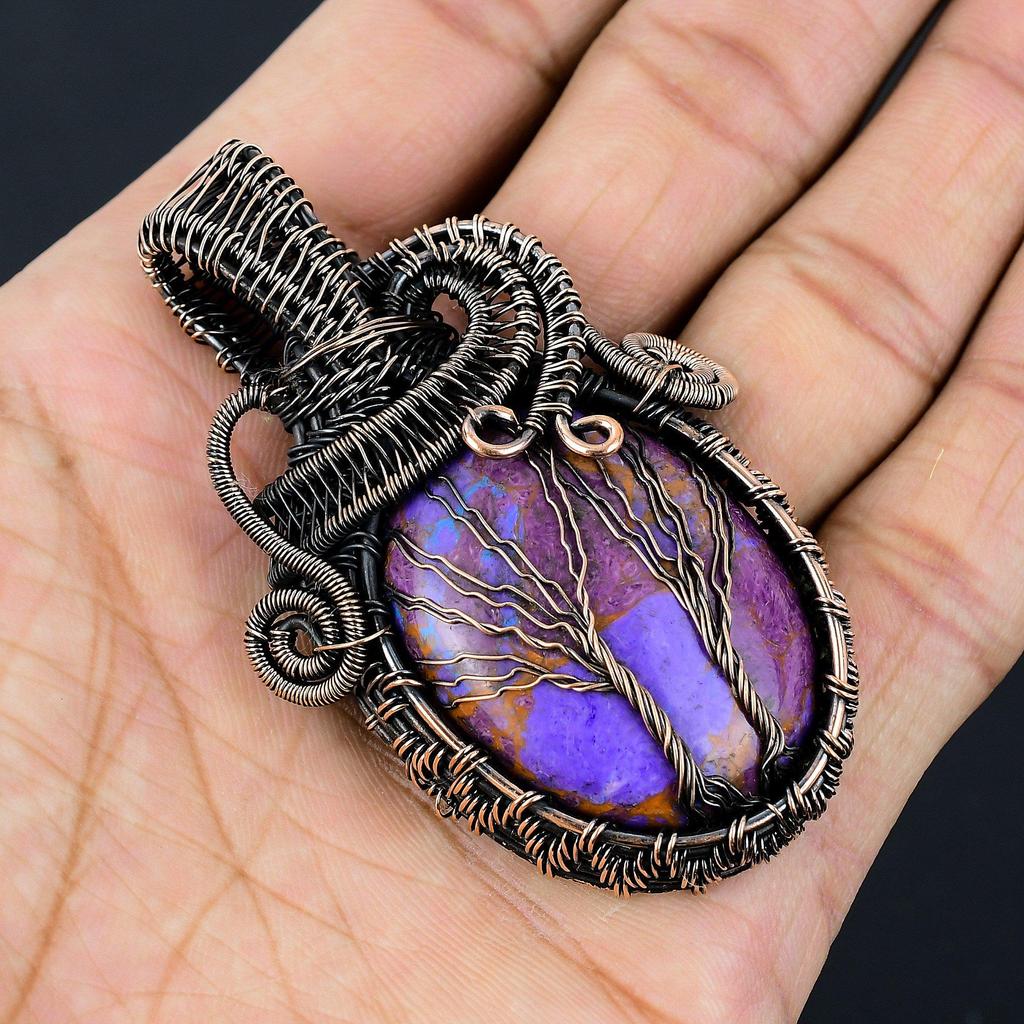 Double Tree of Life Purple Turquoise Pendant, 999 Copper Wire Wrapped Jewelry, Gemstone Jewelry Pendant, Handmade Wedding Gift Jewelry