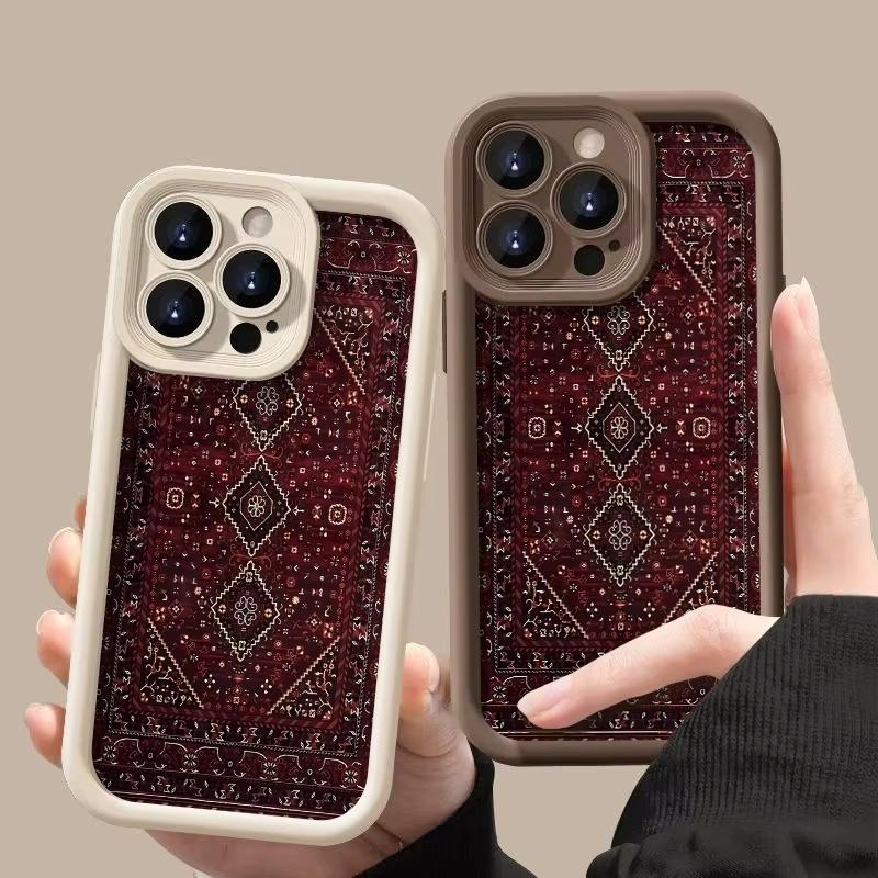 Чехол для телефона Винтажный Красный Ковровый Дизайн Для iPhone 17 16 Pro Max 11 13 12 14 15 Plus XS Max XR X 16E 17E Ударопрочный Чехол