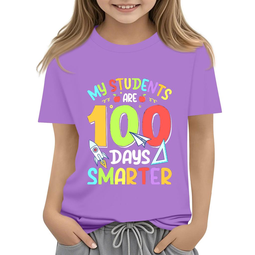 Kids Fashion Casual Short Sleeve 100 Day School Anniversary Printed Round Neck T-Shirt Top