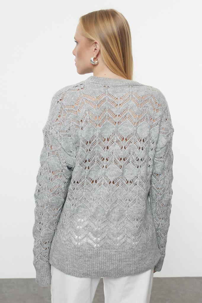 Женский модный стильный свитер, серый ажурный вязаный свитер с круглым вырезом и перфорацией