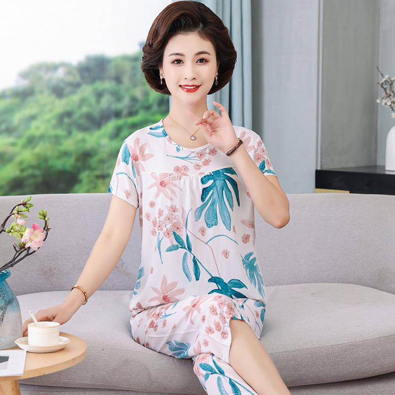 Женский летний хлопковый пижамный комплект больших размеров для женщин среднего и пожилого возраста - Домашняя одежда с короткими рукавами, подходящая для ношения на улице