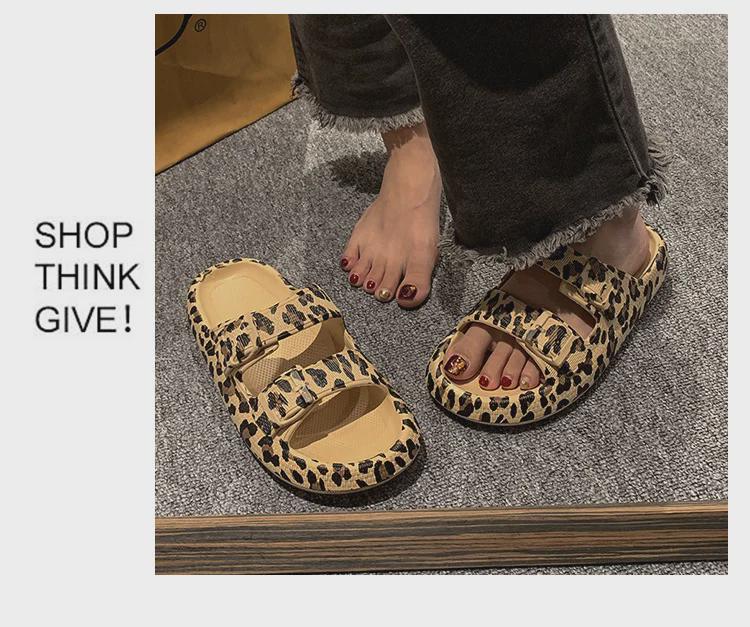 Женские летние шлепанцы с леопардовым принтом - толстая подошва, пляжные тапочки для отдыха на открытом воздухе
