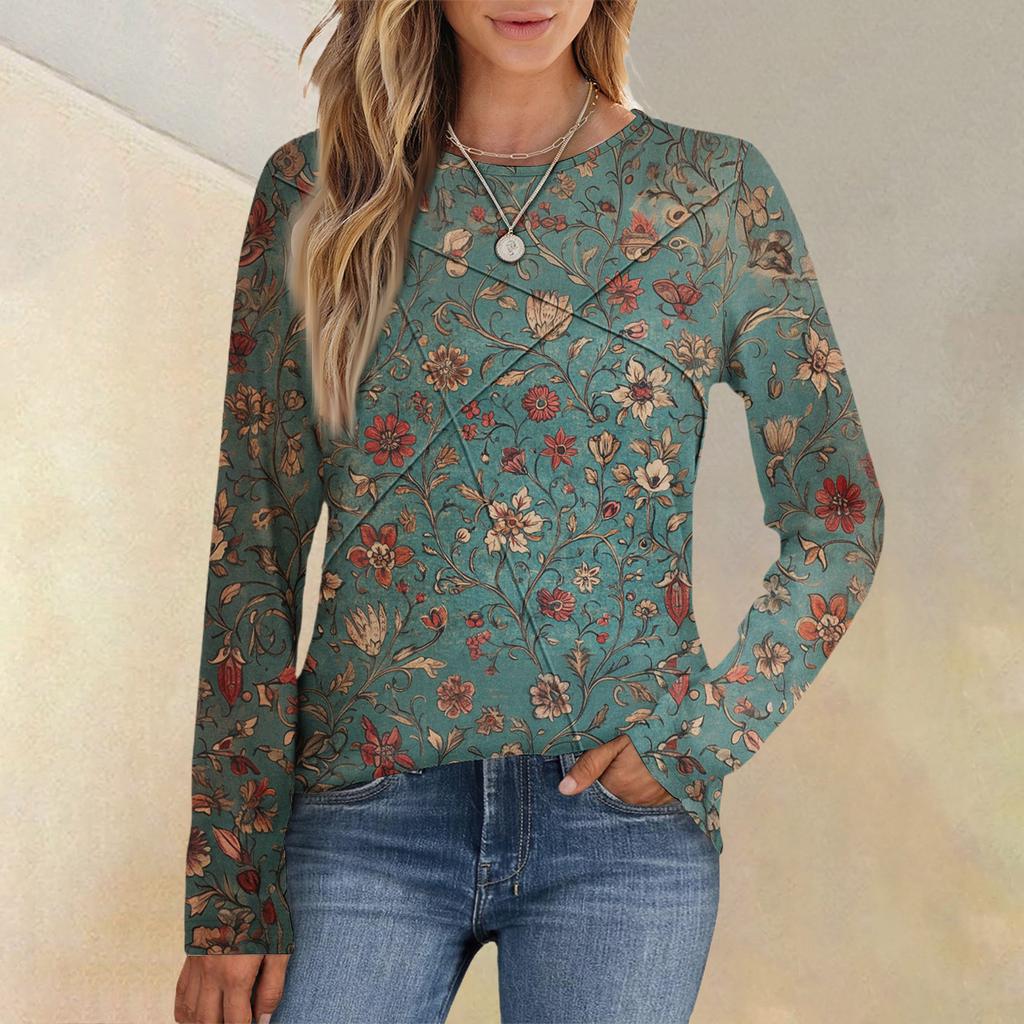 Fashion Women's Long Sleeve Round Neck CasualPleated Floral Print Loose Top