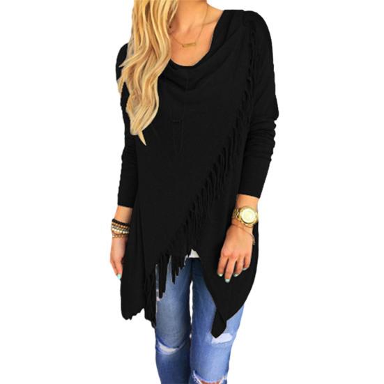 Женский кардиган-шаль с кисточками, пуловер с асимметричным подолом, пончо-пальто с бахромой, накидка с воротником-хомут, верхняя одежда