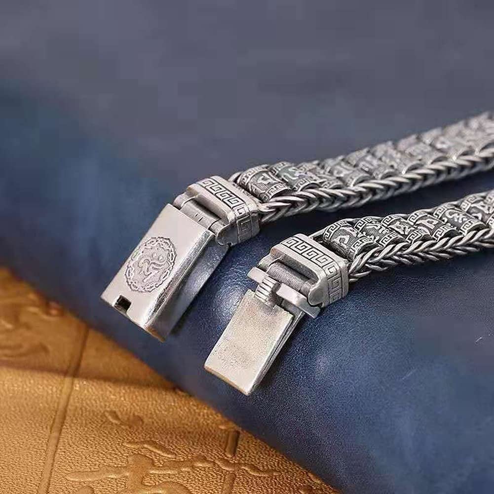 Rockyu Silver Mantra Roller Bracelet with Chinese and Heart Sutra Protection from Good and Fashion Accessory Men's Hui-mo (Curve) Design, Six-Syllable