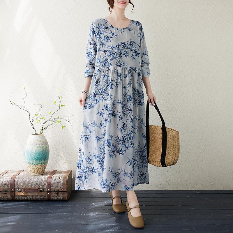 Осеннее хлопковое конопляное платье с круглым вырезом, свободного размера, с длинным рукавом, для женщин, винтажные платья в стиле бохо