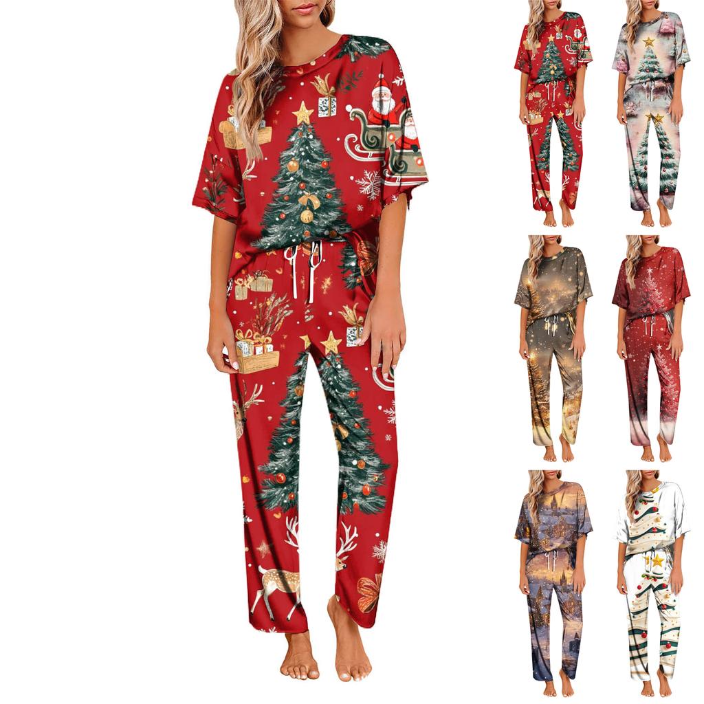 Женский шелковый атласный пижамный комплект с рождественским принтом, рубашка с коротким рукавом и длинные пижамные штаны, мягкая домашняя одежда