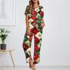 Ayollar uchun muz ipakli satin Rojdestvo printli pajama to'plami, qisqa yengli ko'ylak va uzun pajama shimlari to'plami, yumshoq uy kiyimi