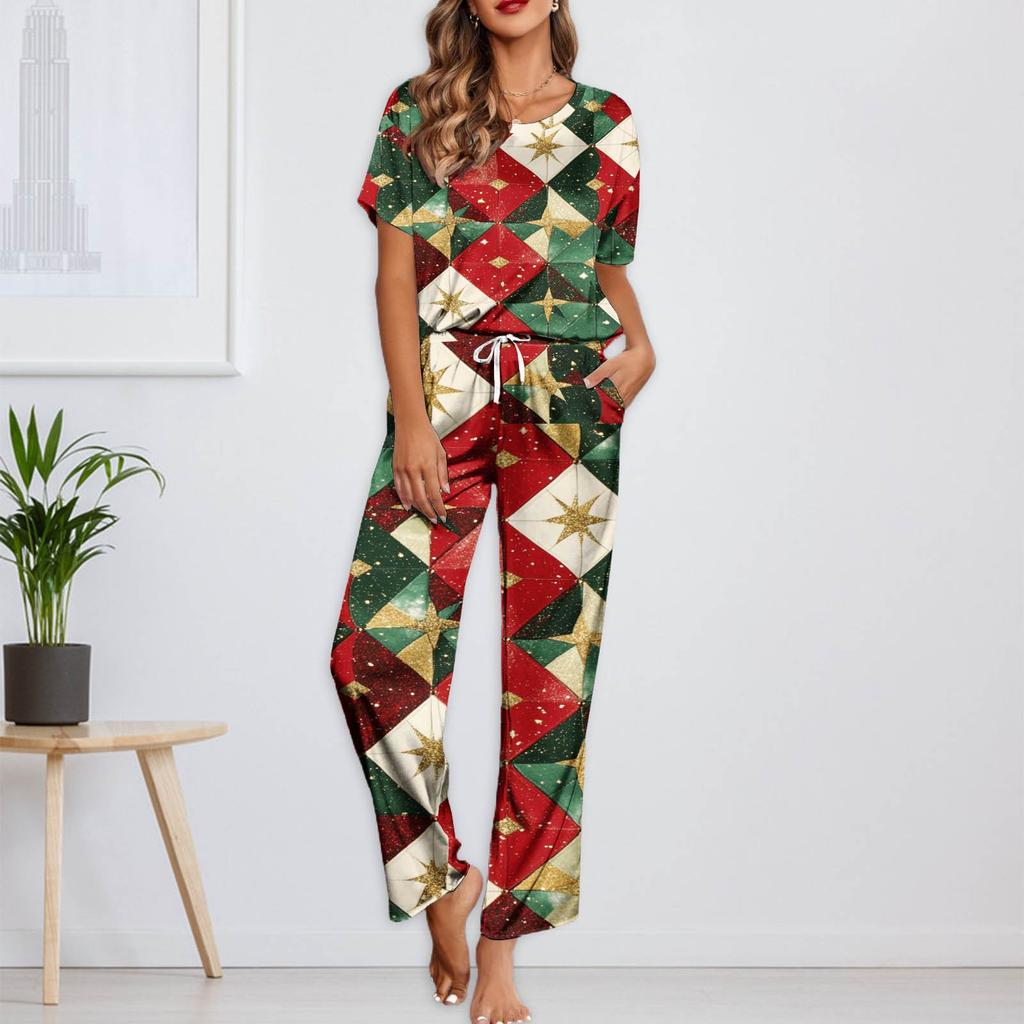 Ayollar uchun muz ipakli satin Rojdestvo printli pajama to'plami, qisqa yengli ko'ylak va uzun pajama shimlari to'plami, yumshoq uy kiyimi