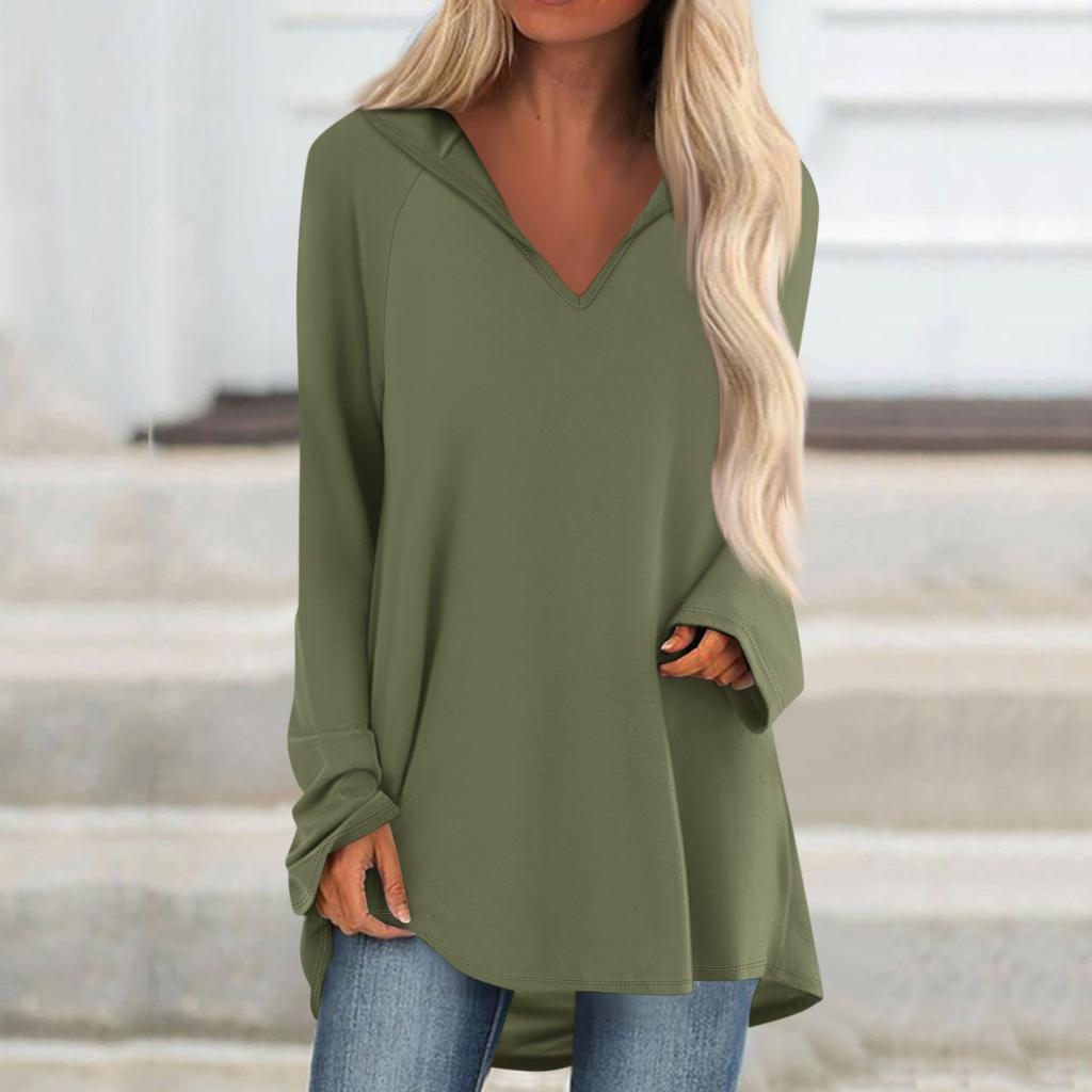 Женские свободные топы с V-образным вырезом и капюшоном с длинными рукавами, повседневные топы, домашние пижамы для отдыха, топы