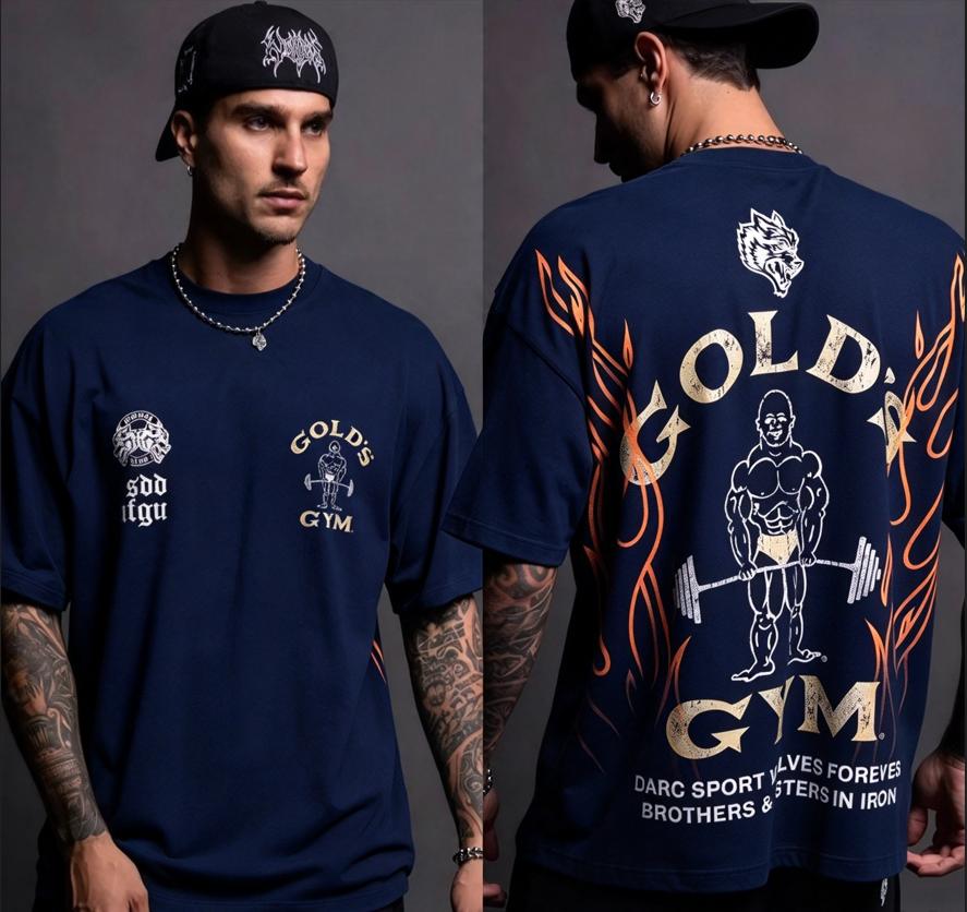 Unisex Gold's Gym Oversized T-Shirt, Front & Back Bodybuilder Flame Graphic, Short Sleeve Tee, Bodybuilding Casual Workout Top