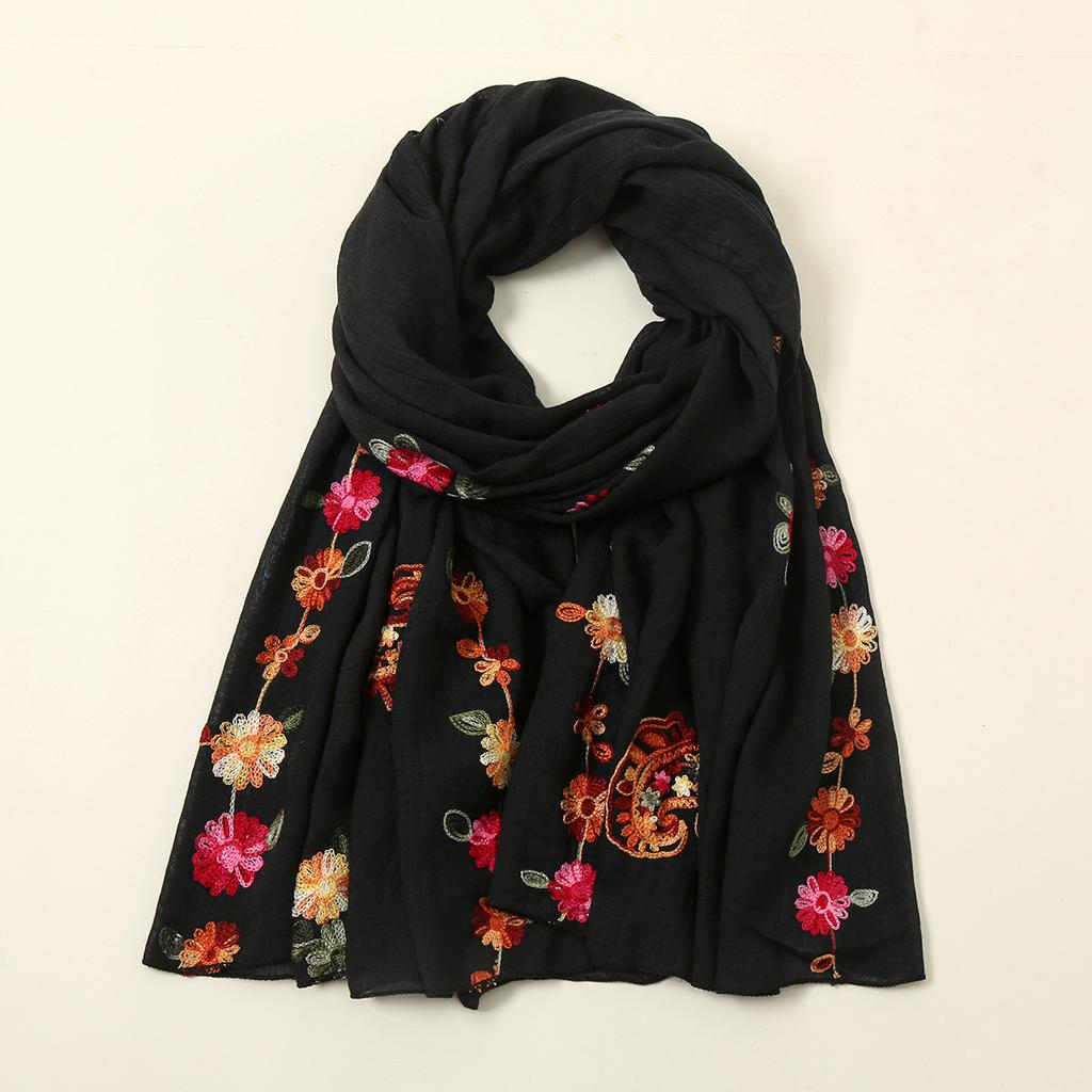 Новая Мода Вышивка Цветочный Длинный Шарф Хиджаб Женский Хлопковый Платок Летние Однотонные Накидки Для Леди Стола Повязка На Голову