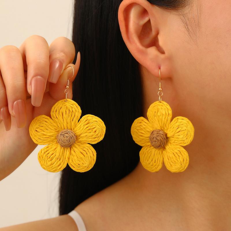 Летние серьги-подвески в виде цветка и морской звезды, женские, ручной работы, из рафии, в стиле дофаминового отпуска, преувеличенные, бохо, пляжные аксессуары