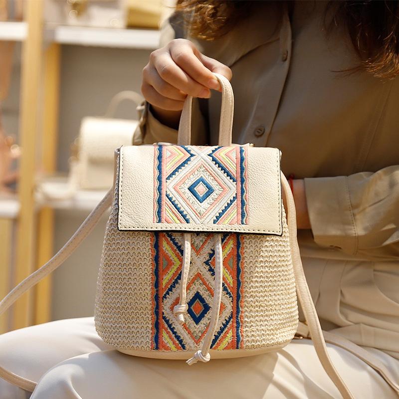 Соломенная тканая сумка, тканый рюкзак с вышивкой, сумка на плечо с ромбом, женская сумка-ведро