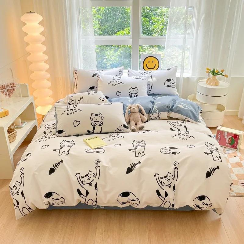 Комплект постельного белья из 3 предметов с цветными цветами в мультяшном стиле из 100% хлопка, мягкий и приятный на ощупь, с 2 наволочками