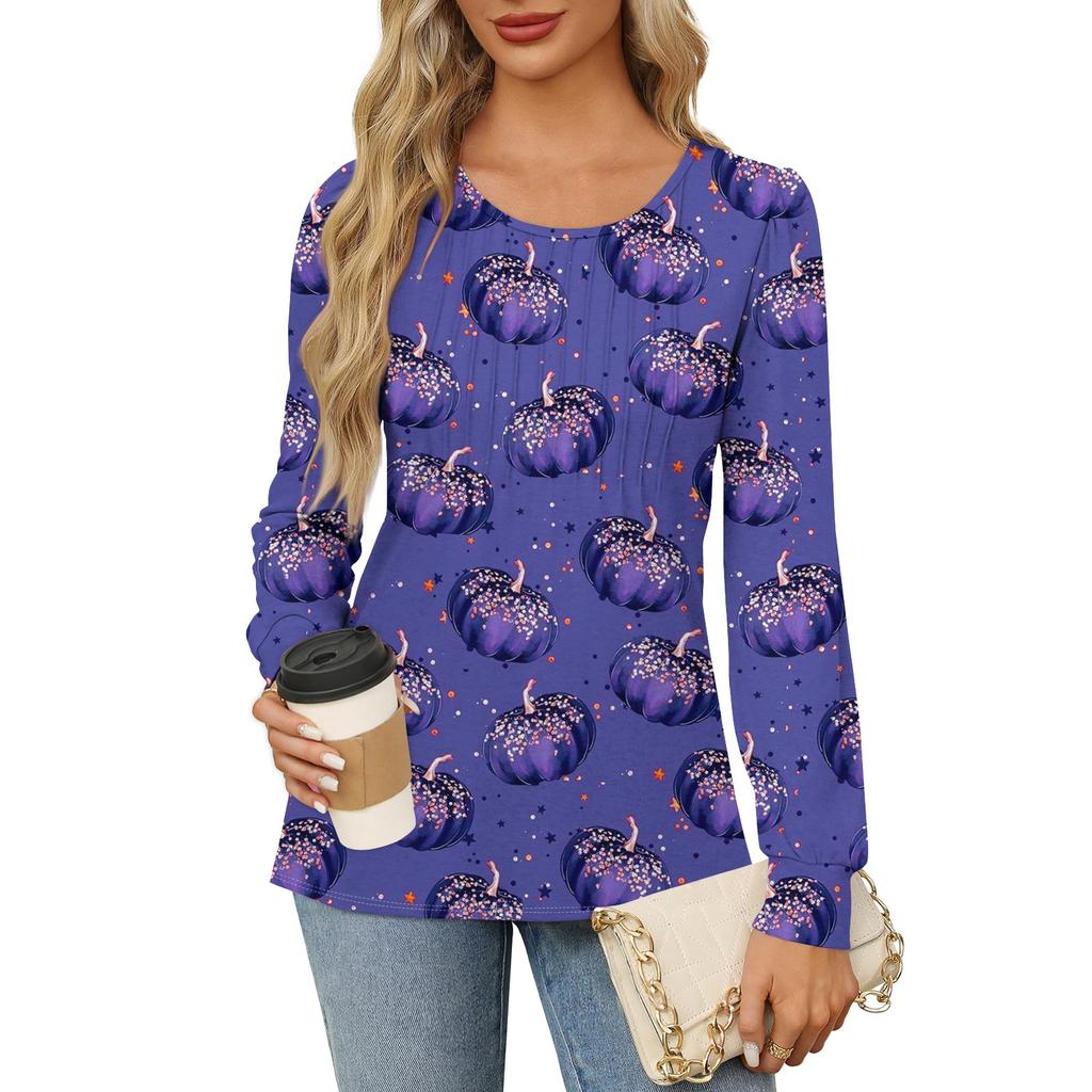 Long Sleeve Shirts For Women Cute Print Graphic Tees Blouses Dressy Casual Blouses Pleated Scooped Neck Tunic Tops Halloween