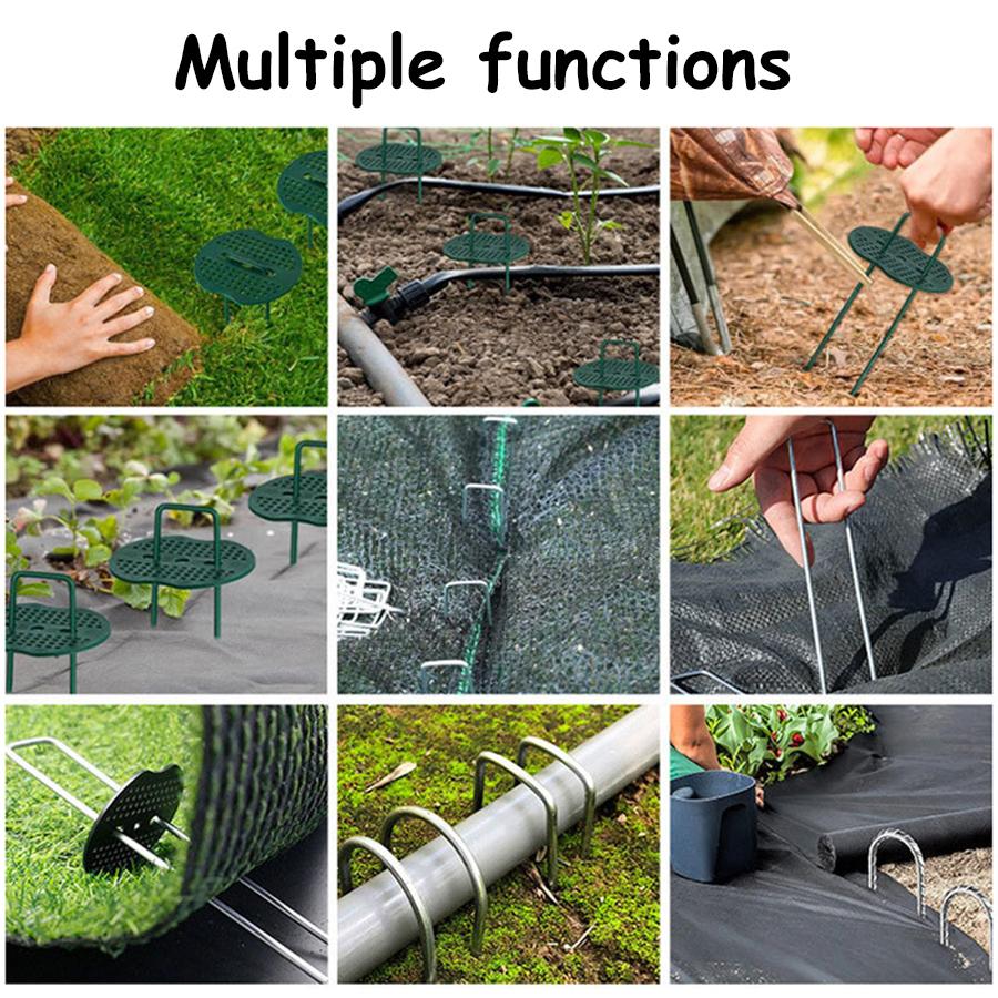 30-50pcs U-Shaped Ground Stakes with 3-Holes Round Washer Lawn Turf Nails Garden Fabric Stakes for Fix Fabrics Weed Patio Tents