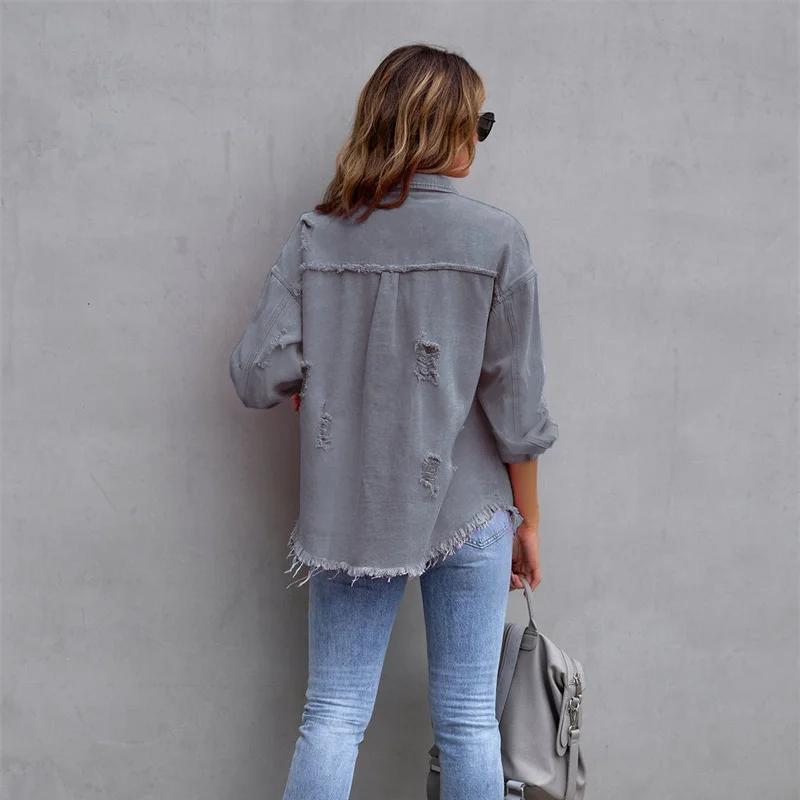 Holes Raw-edges Denim Jacket Women Spring Autumn Shirt Style Jeancoat Casual Top Rose-Red Orange Purple Outerwear Lady Coat