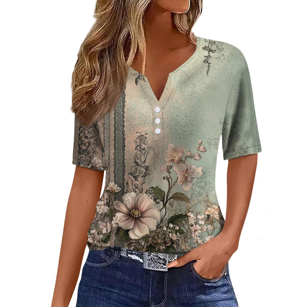 Women's T Shirt Tee Print Button Short Sleeve Daily Weekend Fashion Basic V- Neck Regular Top