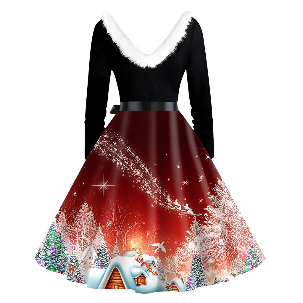 Женская мода с v-образным вырезом, повседневные тонкие рождественские платья с воротником из волос и длинными рукавами с принтом