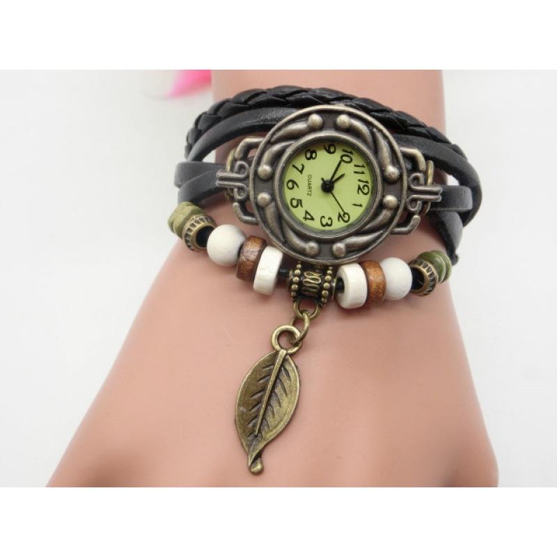 Ретро Лист Крылья Ангела Кулон Кожаный Ремешок Часы Кварцевый Браслет Наручные Часы