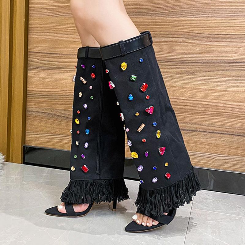 Eilyken Подиум Синий Деним Кристалл Тонкий Каблук Сапоги до Колена Шпильки Ночной Клуб Пикантный Женская Обувь Botas Mujer