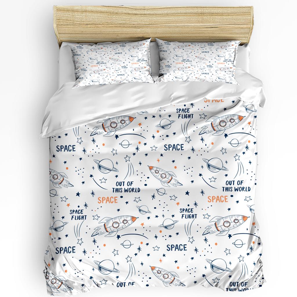 3pcs Bedding Set Universe Space Rocket Cartoon White Home Textile Duvet Cover Pillow Case Boy Kid Teen Girl Bedding Covers Set