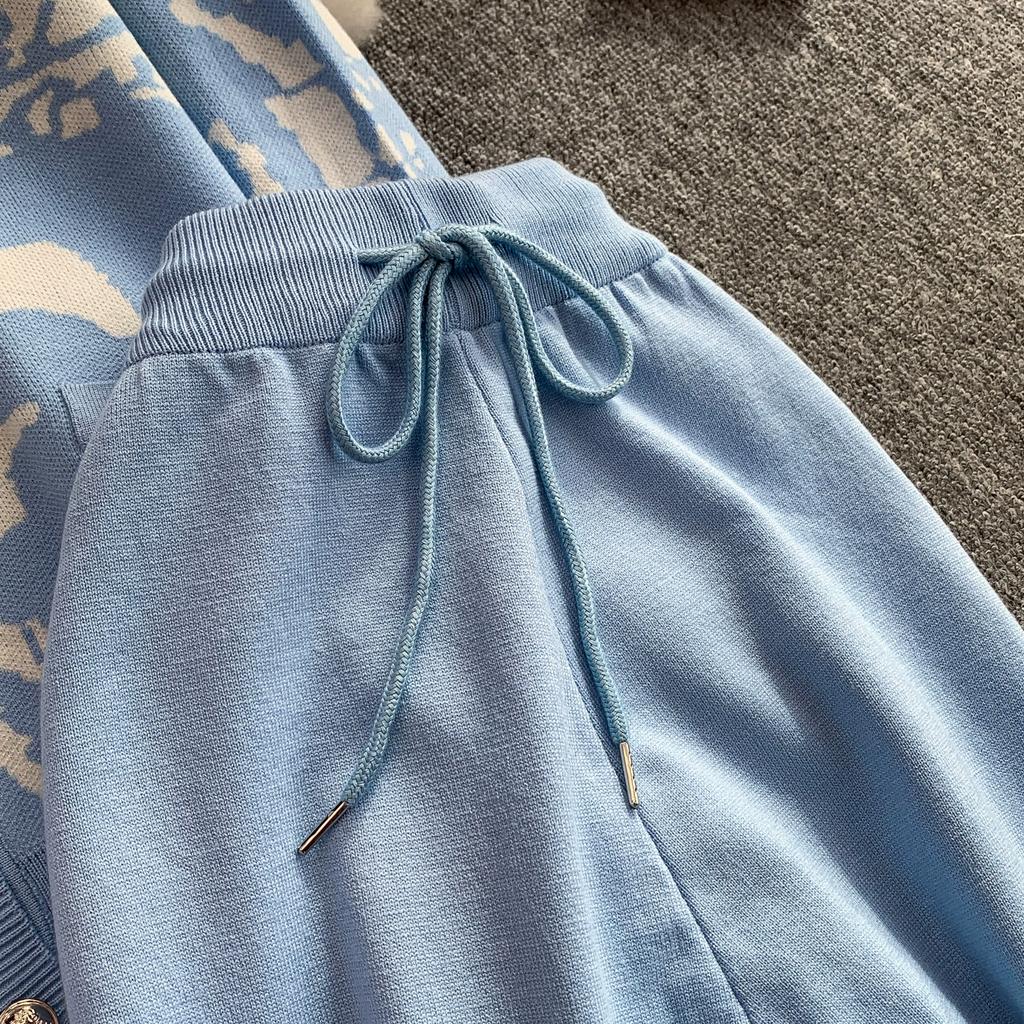 Autumn Winter Women Vintage Print Knitted Sweater Trouser Two Piece Set Full Sleeve Cardigan Tops and Drawstring Wide Leg Pant Suit