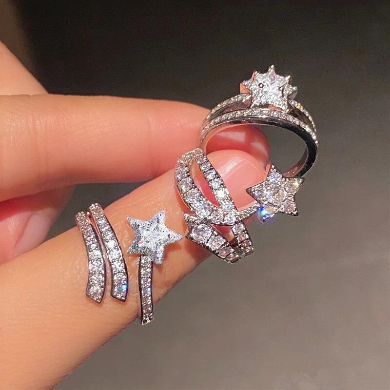 Huitan Delicate Shining Star Ring Female Fashion Engagement Party Accessories Luxury Bright CZ Wedding Band Statement Jewelry