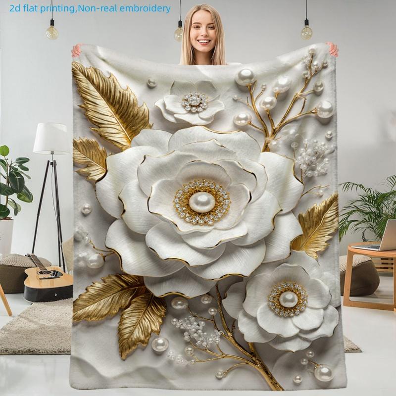 1pc Premium Floral Print Blanket with Pearl and Golden Leaf Design, Multiple Sizes Available, Suitable for Living Room, Bedroom, Study, Balcony, Offic