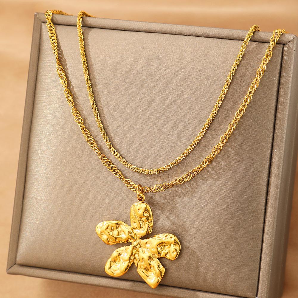 Stainless Steel Hammer Texture Flower Pendant Necklaces for Women Ladies Double Layer Stacking Petal Necklaces Jewelry Wholesale