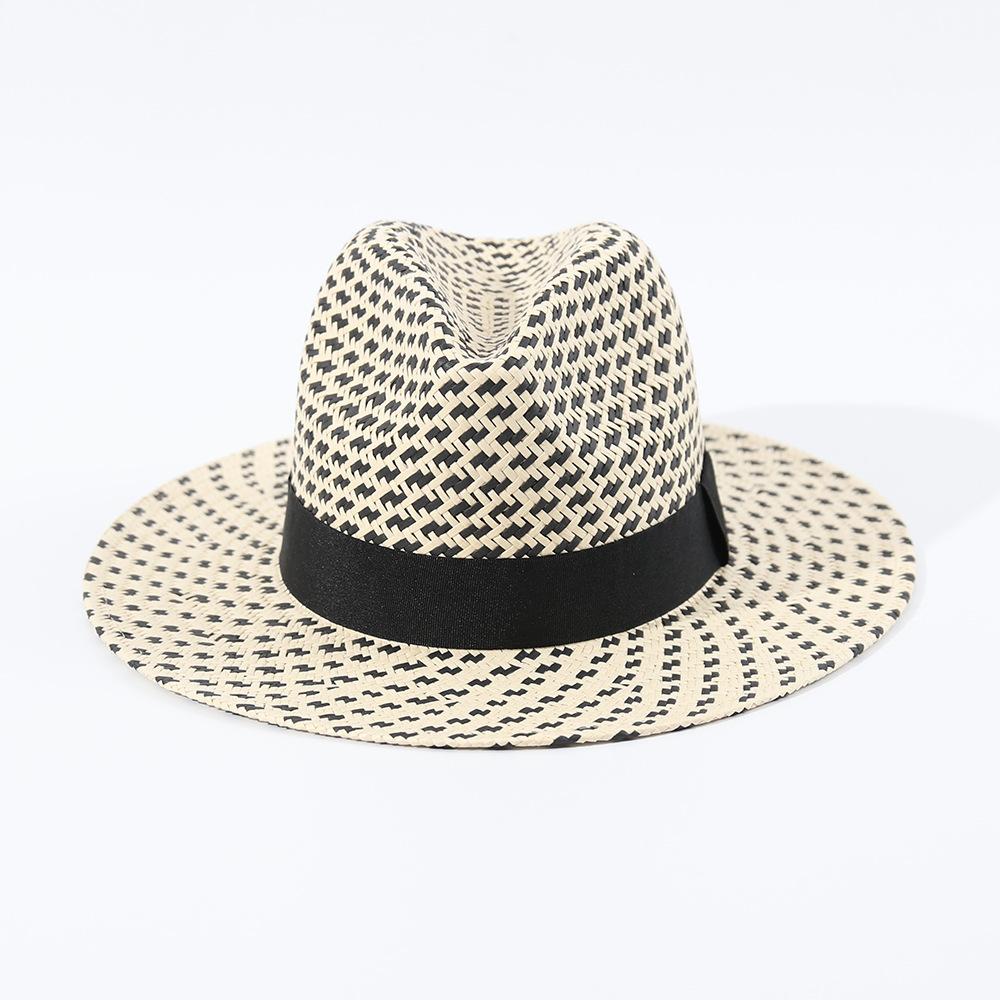 European and American big-brimmed straw hat, hand-woven sunshade sunscreen hat, leather rope windproof sun hat