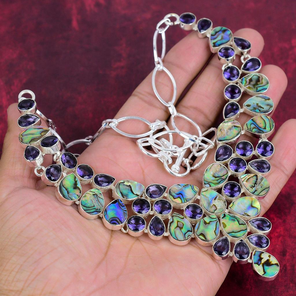 Ожерелье из цельного серебра 925 пробы с ракушкой абалон, аметистом и регулируемой цепочкой, ювелирное ожерелье ручной работы с драгоценными камнями на День памяти