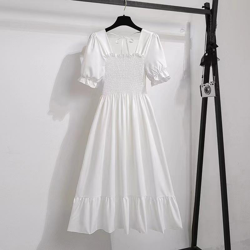"French Retro Floral Square Neck Puff Sleeve Dress for Petite Women - High Waist, Sweet, Short Spring Style"