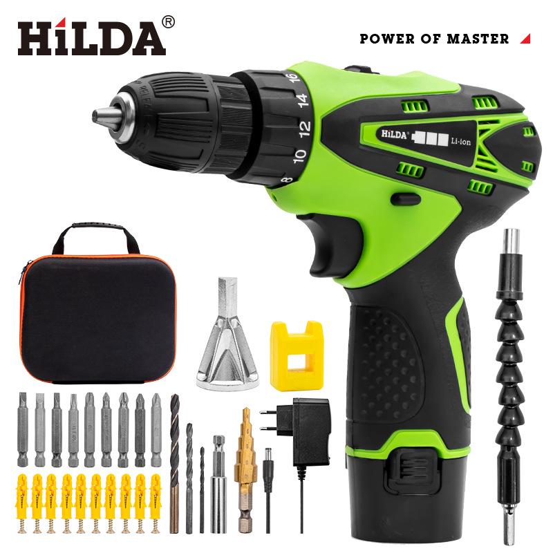 Hilda 12V Dual-Speed Cordless Screwdriver Drill with Rechargeable Lithium Battery, LED Light, and 2 Waterproof Hand Pieces