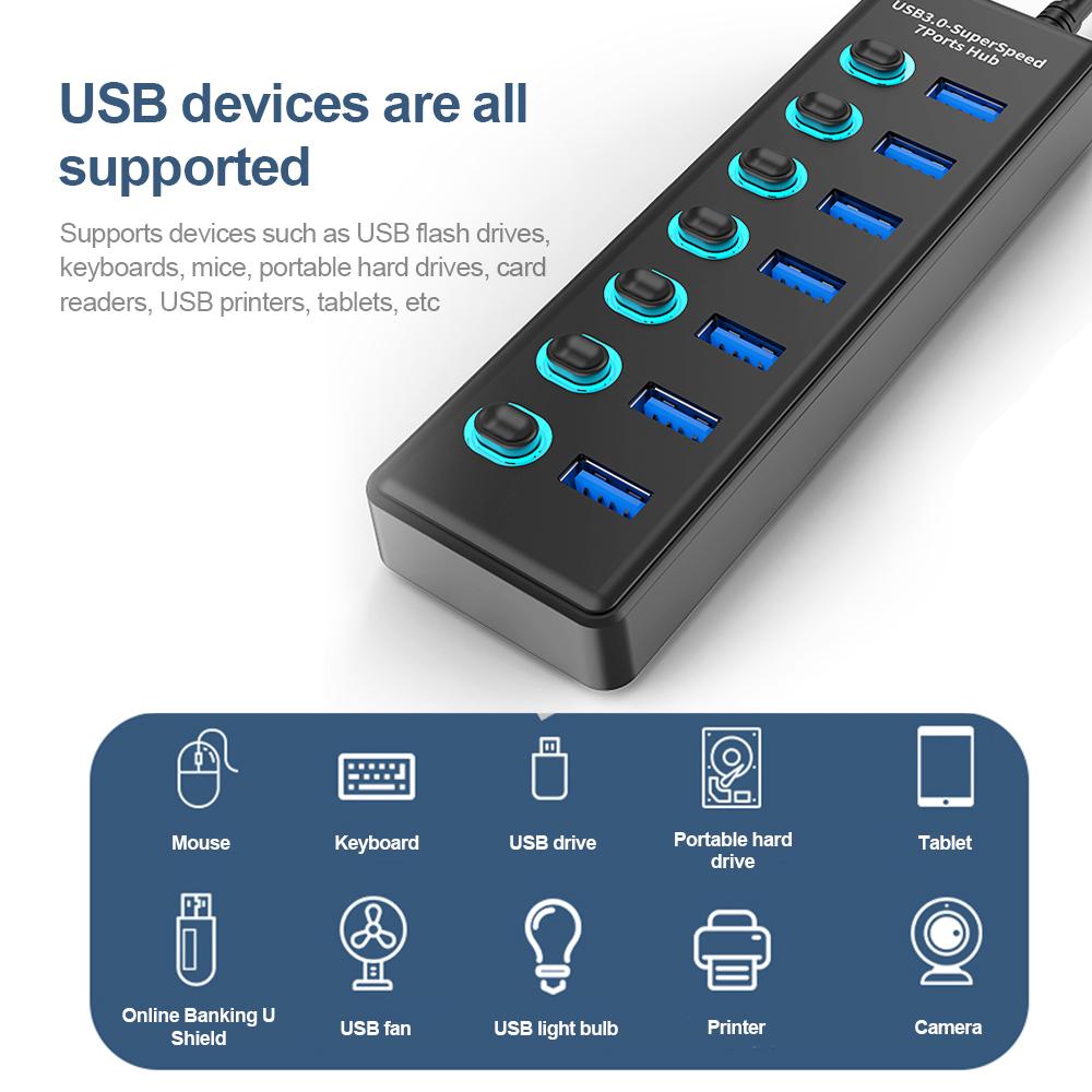 KEBIDUMEI USB-хаб на 7 портов USB 3.0, разветвитель 5 Гбит/с с индивидуальными переключателями, адаптер питания для ноутбука, расширитель USB-портов, USB-C док-станция
