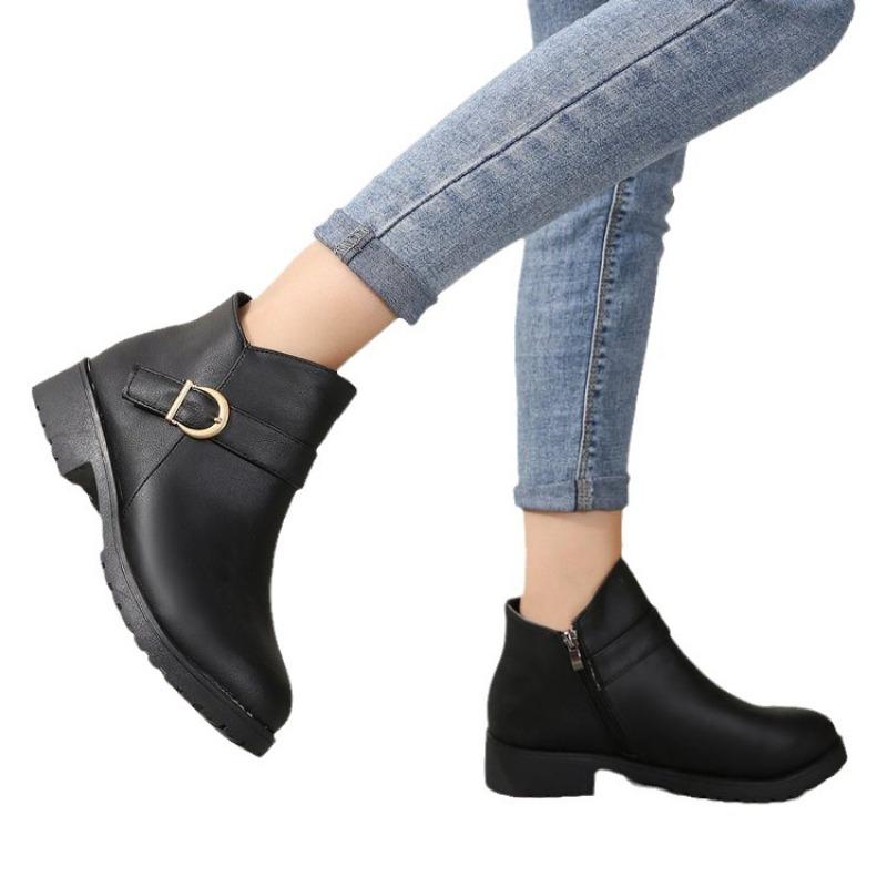 Retro Buckle Strap Ankle Boots Women Low Heels Brown Platform PU Leather Boots Woman 2024 Autumn Side Zipper Short Botas