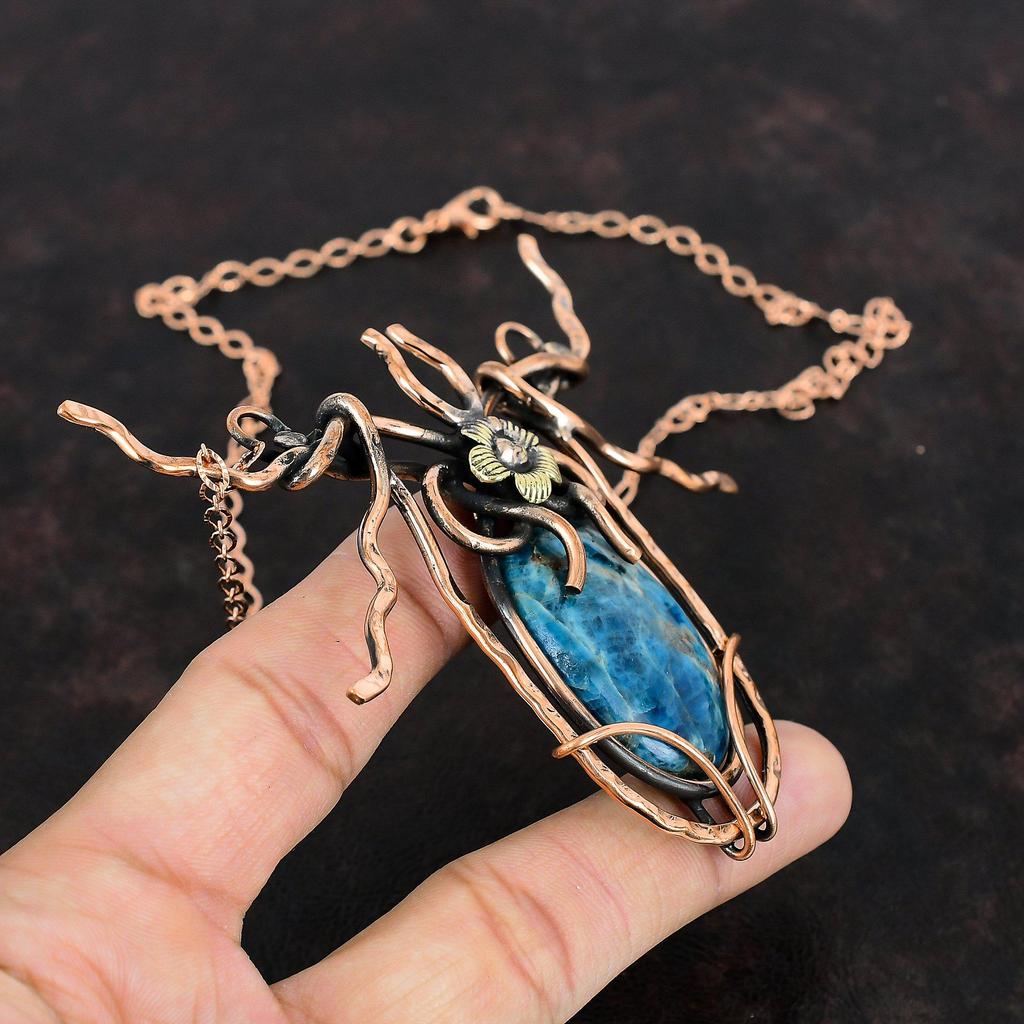 Neon Apatite Copper Necklace Wire Wrapped Necklace Adjustable Chain Necklace Handmade Gemstone Necklace Copper Wire Jewelry Anniversary Gift
