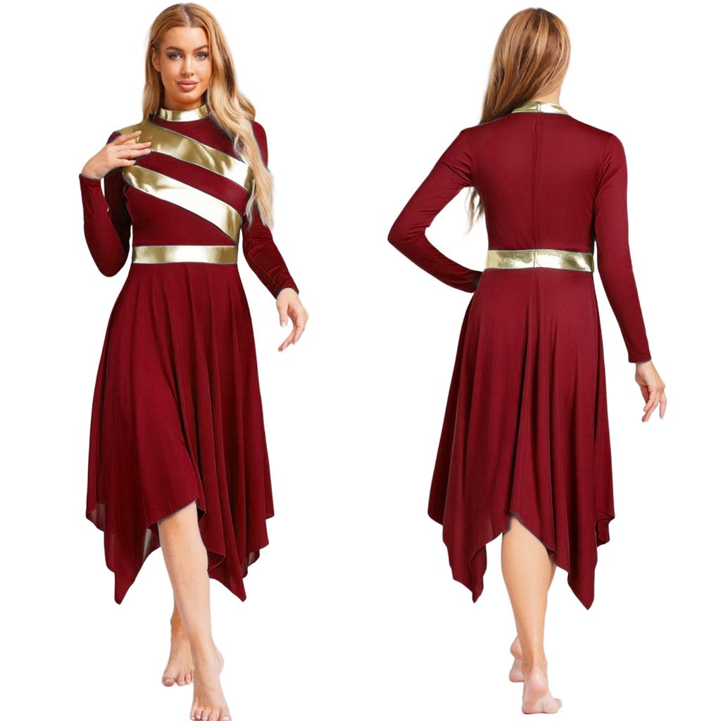 Metallic Patchwork Dress for Women Long Sleeve Worship Praise Tunic Irregular Hem Dance Costume